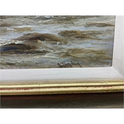 A Turner (British 19th century): Steam Tug Pulling a Two Masted Ship, oil on canvas signed 30cm x 60cm