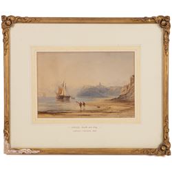 Anthony Vandyke Copley Fielding (British 1787-1855): Scarborough North Bay before the Marine Drive, watercolour signed and dated 1843, erroneously titled 'Whitby Castle and Bay' on the mount 18cm x 26cm 