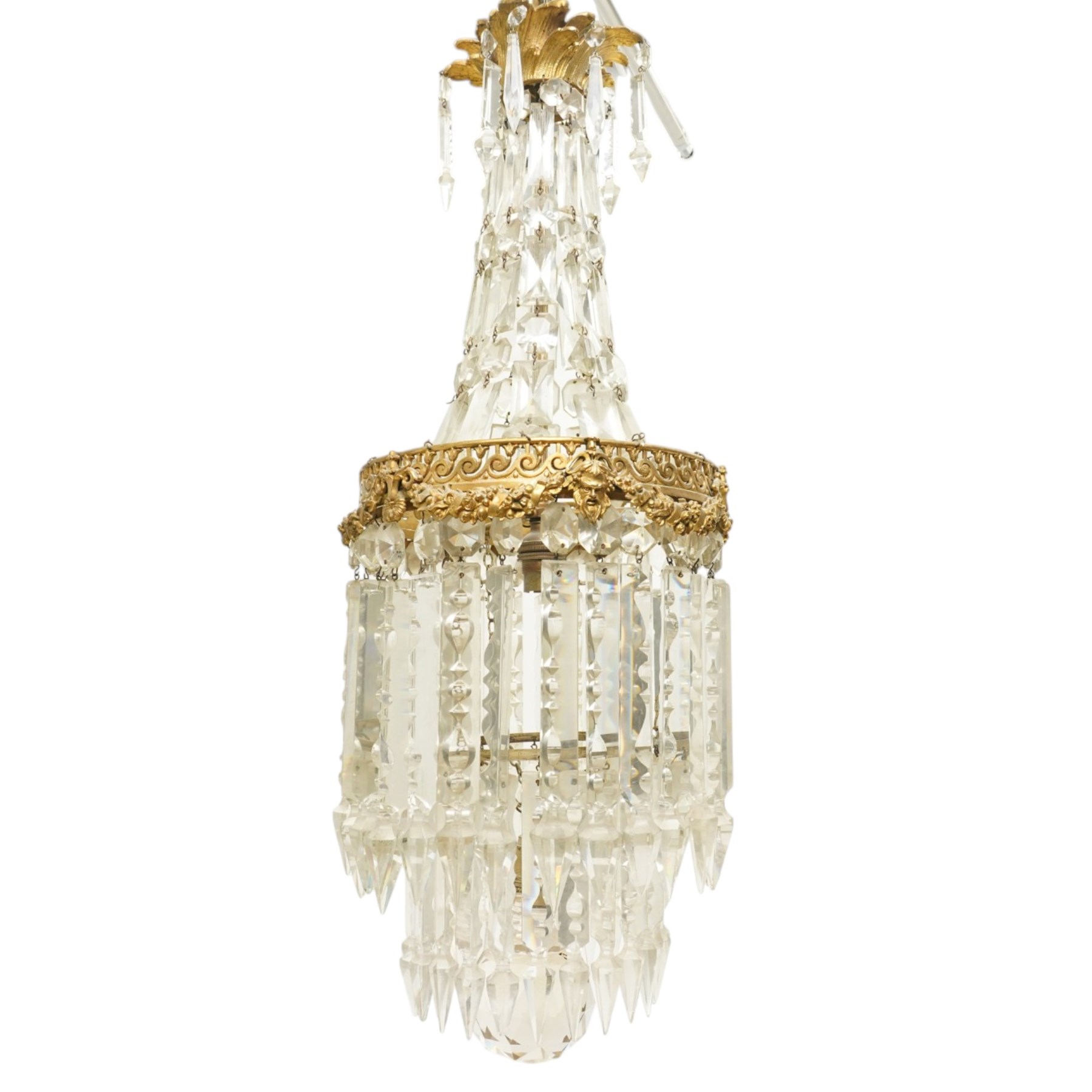 Brass and crystal ceiling light, drop 72cm, together with three small crystal oval wall lights, H28cm (4)