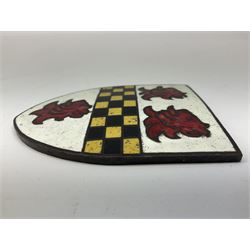 Henry George Murphy (1884-1939), Arts & Crafts enamel panel, of shield form, decorated with three red lions on a white ground, with a yellow and black banner to the centre, H9cm W7.5cm