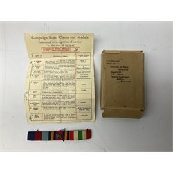 Four World War II medals comprising 1939/45 Star, Burma Star, Italy Star and 1939/45 Medal with issue box and slip and medal bar