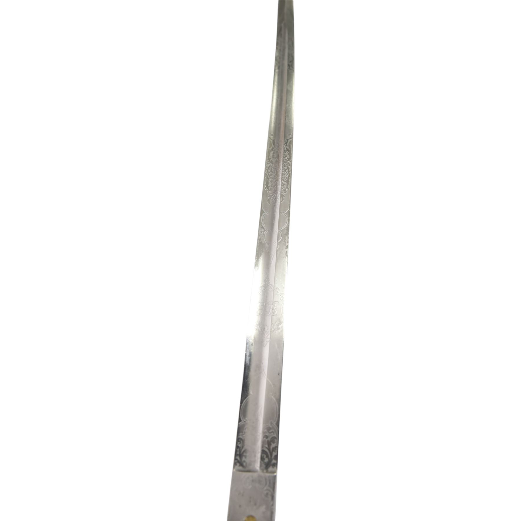 British 1822 pattern, named, infantry officers' sword, the 82cm slightly curved and fullered single edged blade engraved on both sides, bears the Victorian coat of arms and the owners initials 'GB', ricasso marked Grindlay & Co London, the brass basket guard with Victoria cartouche and fold down rear flap, shagreen bound grip with original wire binding and gilt sword knit, with brass scabbard, twin suspension rings and steel chape mount, overall L102cm  