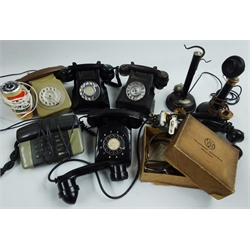  Two black bakelite turn-dial telephones, part candlestick telephone, candlestick type telephone speaker, two other turn-dial telephones and another push-dial, boxed BTH headpiece receiver, Cola can novelty telephone etc  