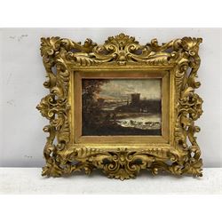 Manner of Salvator Rosa (Italian 1615-1673): River Landscape, oil on canvas laid on panel unsigned 11cm x 15cm in quality Florentine carved giltwood frame