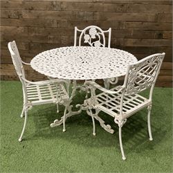 Cast aluminium circular garden table and three chairs - THIS LOT IS TO BE COLLECTED BY APPOINTMENT FROM DUGGLEBY STORAGE, GREAT HILL, EASTFIELD, SCARBOROUGH, YO11 3TX