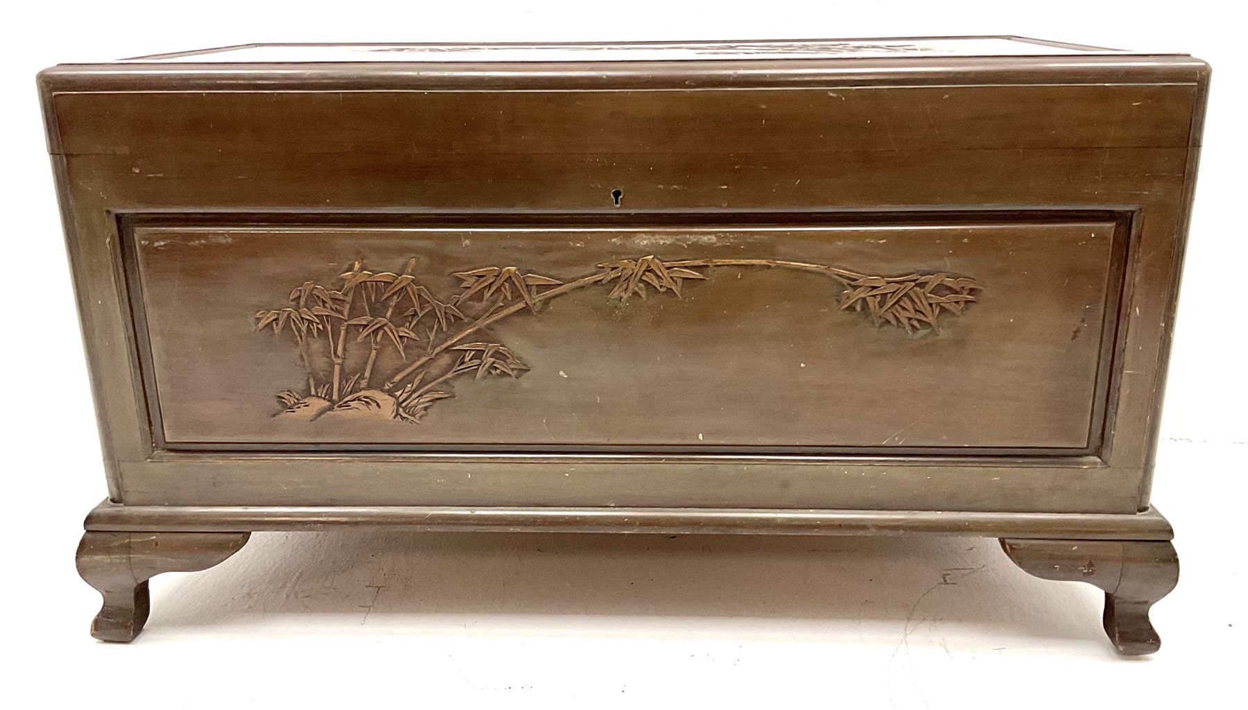 Chinese rosewood camphor wood blanket chest, bamboo carved detail, hinge lid, shaped bracket supports 