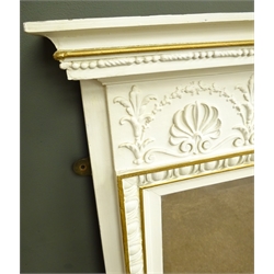  Victorian cream and gilt painted overmantle mirror, W113cm, H133cm  