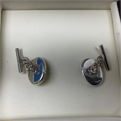 Pair of silver enamel fly fishing cufflinks, stamped 925, boxed 