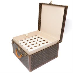 Mid-20th century Louis Vuitton monogram cabin trunk,  monogram canvas with lozine trim and brass mounts, single front leather handle with lock stamped Louis Vuitton with key code 1080701, the interior fitted with original webbing straps and lift-out tray, label to lid printed 'Avenue Marceau 78bis - Paris Nice - 2 Avenue de Suède' serial number 953998, circa1960s, with original key present
