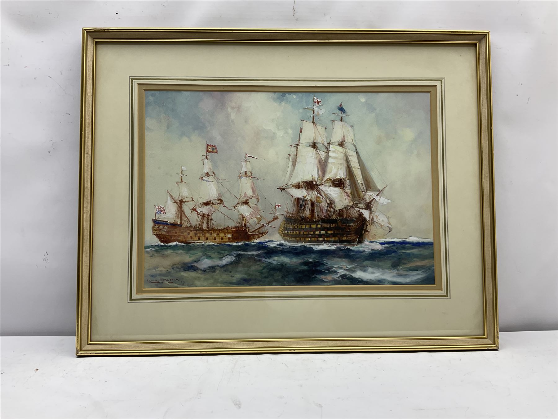 Frank Henry Mason (Staithes Group 1875-1965): British Men o' War in Full Sail, watercolour heightened in white signed and dated '09, 33cm x 39cm