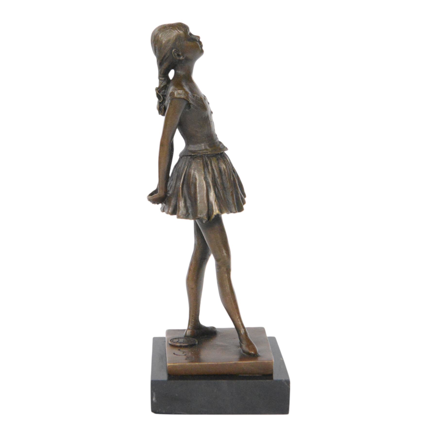 After Edgar Degas, Ballerina bronze figure modelled as a young female dancer, signed Deyas, raised upon a rectangular base, H20cm