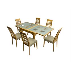 Beech framed extending glass-top dining table and set six beech dining chairs, with high slatted backs
