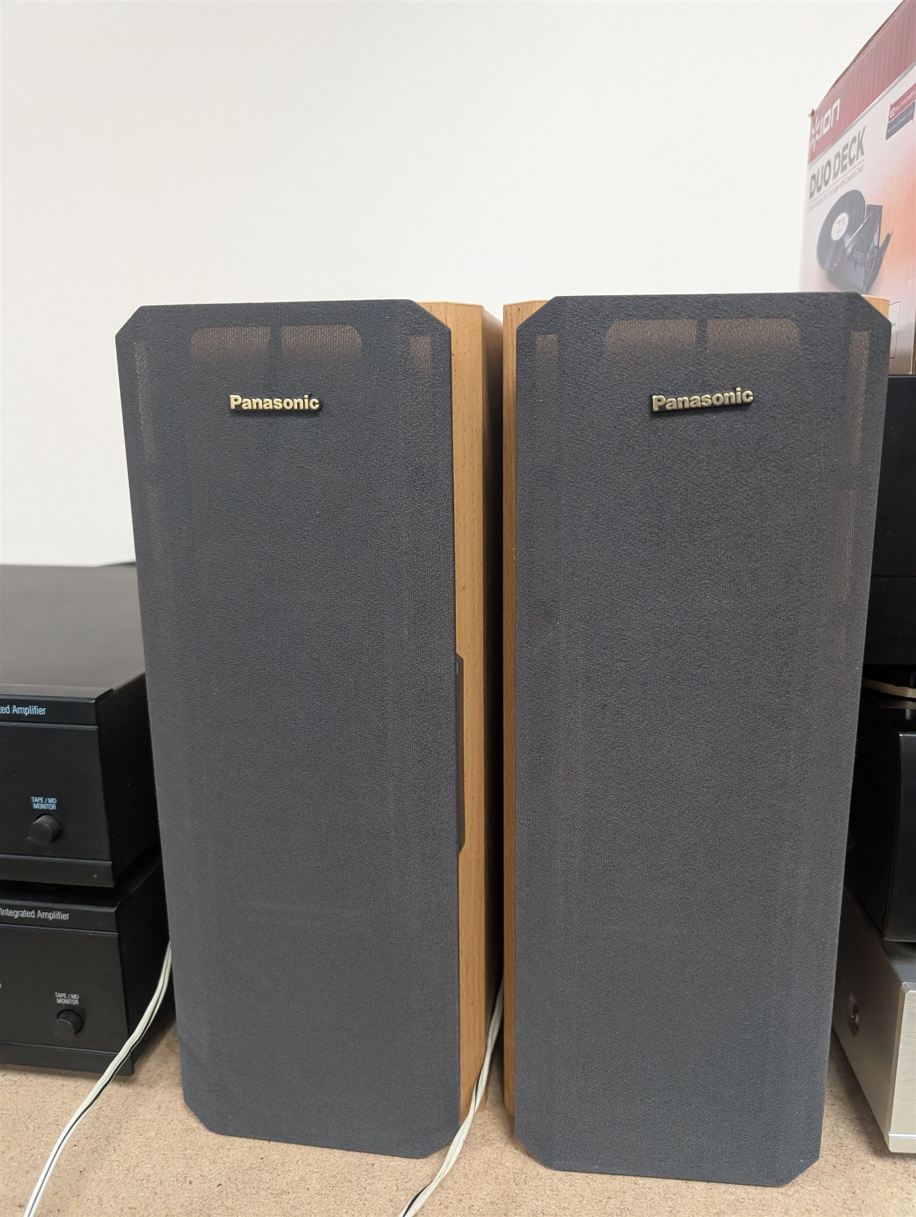 Collection of audio equipment, including Cambridge Audio Integrated Amplifier, two Panasonic speakers, ION Duodeck turntable, Denon DRM 600 tape deck, Teac P160D CD Player and a Tangent DAB radio