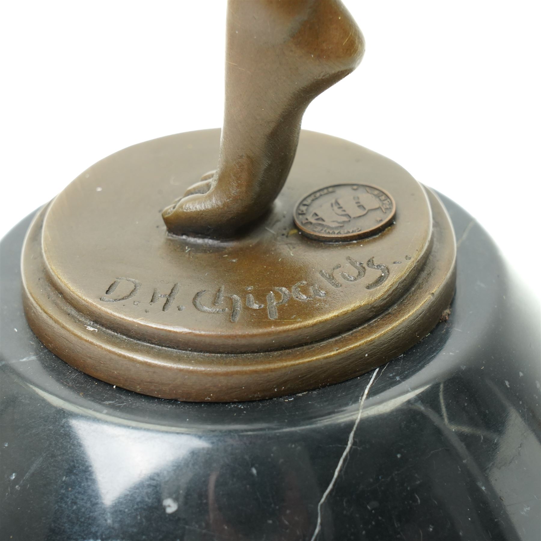 After Dimitri Chiparus - Art Deco style bronze figure of a dancer with hoop, signature and foundry mark on marble base H52cm 