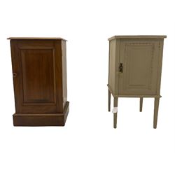 Victorian mahogany bedside cupboard, enclosed by panelled door with interior urn carving (W44cm, H74cm, D35cm), and an early 20th century painted mahogany bedside cupboard by Waring and Gillows (W39cm, H75cm, D41cm)