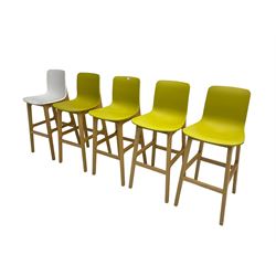Elite - set five oak framed bar stools, acrylic back and seat in white or chartreuse yellow finish, raised on splayed united by stretchers