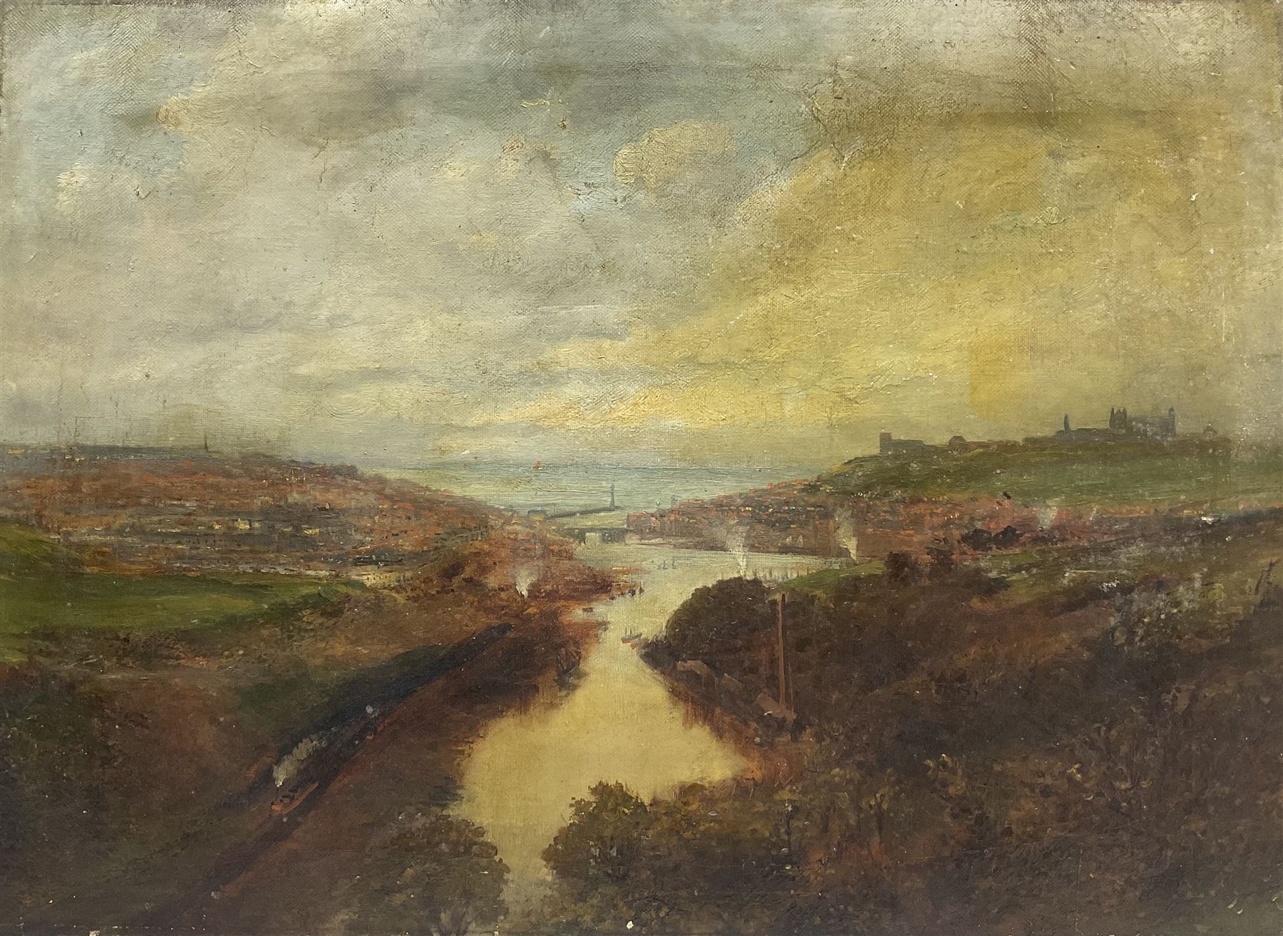 English School (Early 20th Century): View across Whitby, oil on canvas possibly signed 41cm x 56cm (unframed)