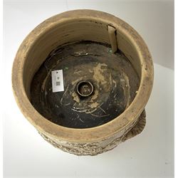 A Victorian Lipscombe & Co stoneware water filter, the body with twin scrolled lug handles, and applied fruiting vine decoration to the front, with applied maker's plaque detailed Lipscombe & Co Patentees 233 Strand Temple Bar London, H54cm. 