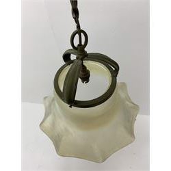 Large early 20th century Vaseline glass shade, with frilled rim and brass mount, rim D38cm