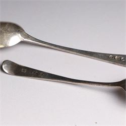 Set of six William IV silver teaspoons, engraved with monogram to terminal, hallmarked William Bateman I, London 1824, together with a set of five George III silver teaspoons, engraved with initials, hallmarked Peter & William Bateman, London 1806