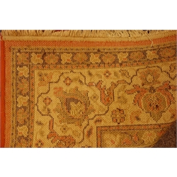  Large Persian Kashan design rust ground rug carpet, large rosette medallion, decorated with hunting scenes and stylised flower heads, 334cm x 253cm  