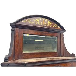 Late 19th century inlaid rosewood free standing corner display cabinet, the upper section featuring a mirrored panel above an inlaid cupboard with a felt-lined interior, complemented by a recessed open compartment with a mirrored back, the base with a glazed door enclosing two felt-lined shelves, on turned supports