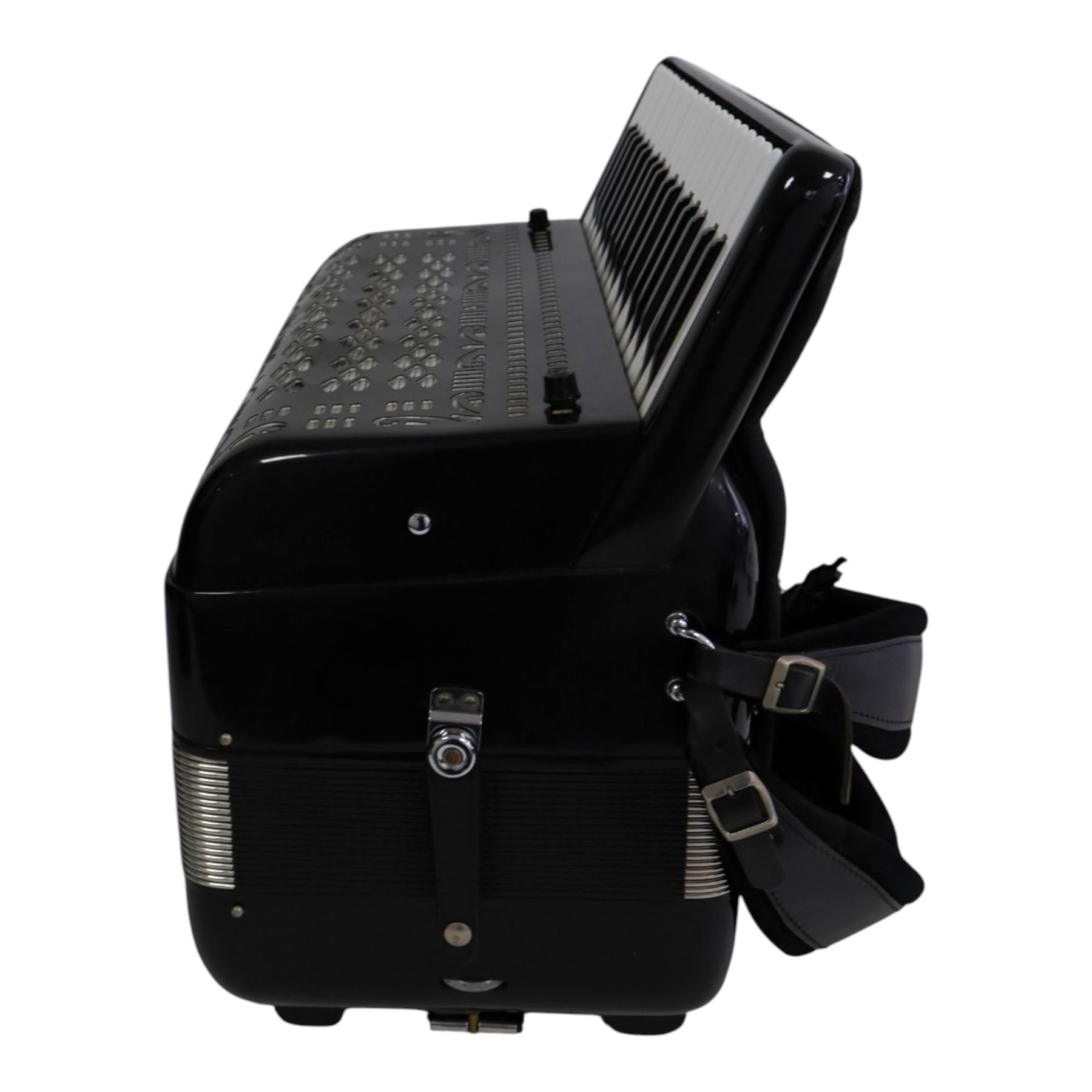 Borsini basso piano accordion, with 37 keys, the black high gloss case with carrying strap and in soft carrycase