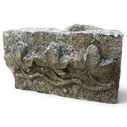 Two 18th century carved sandstone architectural elements, comprising a substantial square pedestal block with recessed panelled facias (W42cm H45cm); and a frieze fragment carved in relief with three stylised flowerheads and an undulating foliate stem (W30cm H18cm)