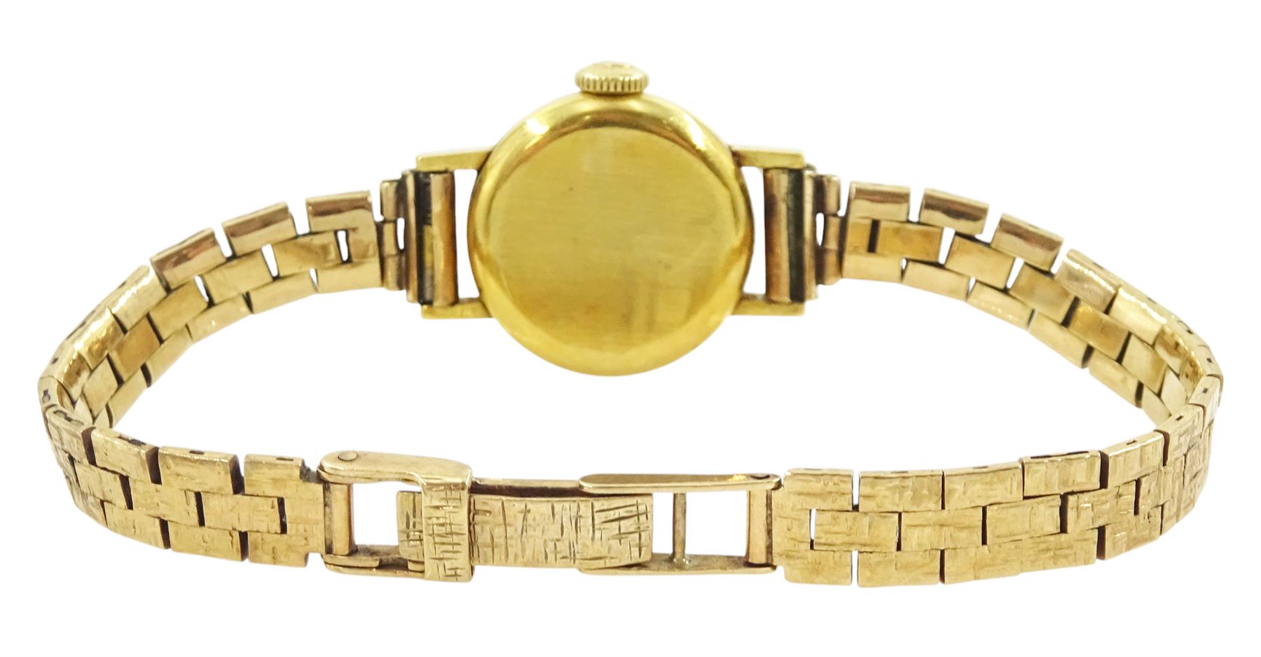 Omega 18ct gold ladies manual wind wristwatch, champagne dial with baton hour markers, Helvetia hallmark, on 9ct gold bracelet, hallmarked