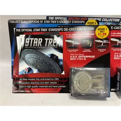 Star Trek - Eaglemoss Official Starships Collection three unopened issue No.1 and Issue No.2; five boxed Fabbri metal figures; and four carded action figures; together with Dr. Who - Eaglemoss Official Figurine Collection unopened Issue No.1; Dr. Who Monster Invasion parts 2 & 3, both unopened; four Dapol carded Dr. Who action figures and two others.