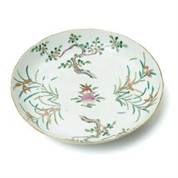Chinese Guangxu dish, painted with a central peach and bat, with blossoming trees and foli...