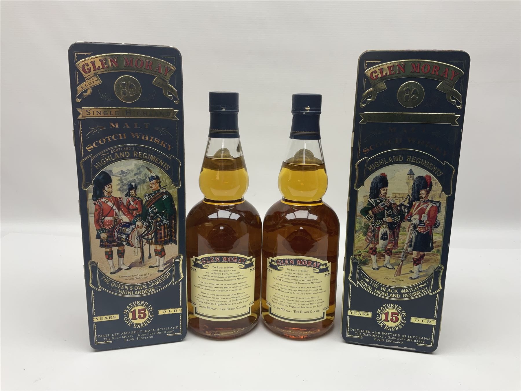 Two Glen Moray 15 year old Single Highland Malt Scotch Whisky, 70cl 43%, each in original Highland Regiments presentation tin 
