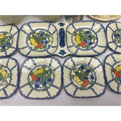 Collection of 1930s ceramics, comprising Shorter & Son jug with bird handle, set of three J.H.W & Sons graduating jugs, Clarice Cliff My Garden pattern vase and Celtic Harvest pattern cake plate and a Burleigh Ware sandwich plate set, bird jug H21cm