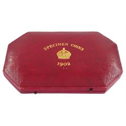 King Edward VII 1902 matt proof short coin set, comprising gold half sovereign and sovereign, silver maundy money set, sixpence, shilling, florin, halfcrown and crown, housed in the official dated case of issue