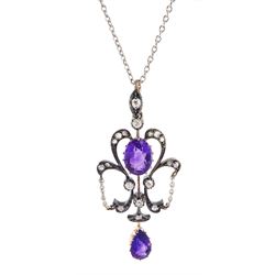 Edwardian silver, gold and platinum amethyst and diamond pendant, oval cut amethyst with old cut and rose cut diamond surround, suspending a pear cut amethyst, on platinum trace link chain necklace