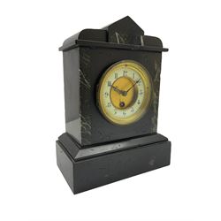A late 19th century French mantle clock in an architectural Belgium slate case with contrasting variegated marble panels to the front, eight-day timepiece movement with a recoil anchor escapement, two-part dial with a gilded centre and enamel chapter ring, with steel fleur di Lis hands, upright Arabic numerals and minute markers within a brass bezel and bevelled flat glass. With pendulum.
W23 H30 D13

