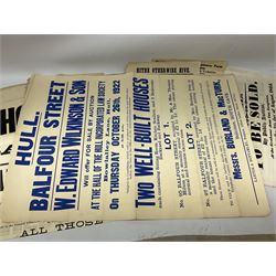Seven late 19th/early 20th century auction posters of Hull/Yorkshire interest for properties in Hithe (Hive) 1852, South Cave 1880, Ellerker 1904, Hive 1921, Osbaldwick 1921, Balfour Street Hull 1922 and Sancton 1922; another for Cumberland 1824; two early 'This House To Let' posters; posters unframed and folded; and auction particulars for Gator Court, Ashburton, South Devon 