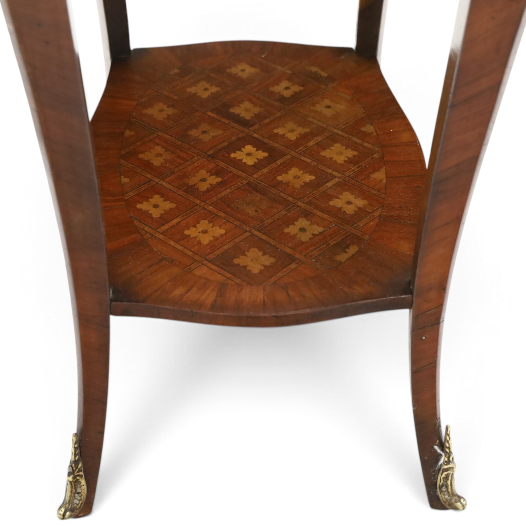 Small French inlaid marquetry and parquetry occasional table or bedside, the shaped top with raised moulded edge and chequered inlay top with crossbanding, fitted with single frieze drawer with gilt-metal handle, raised on cabriole supports united by undertier