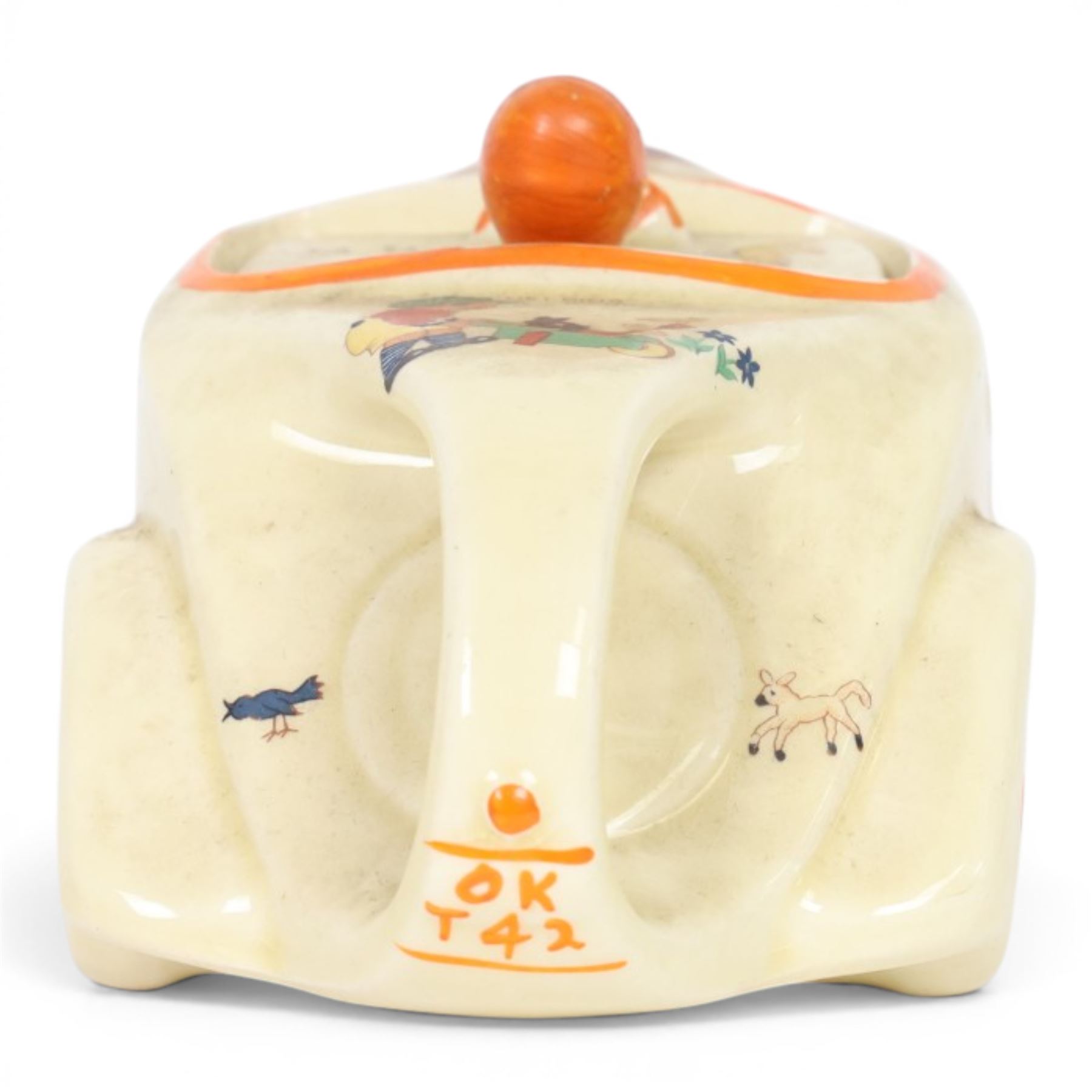 Sadler Art Deco teapot, modelled as a racing car with printed designs in the manner of Mabel Lucie Attwell, H10cm, L23cm