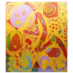 Gillian Ross Kelsey (British 1935-2025): 'Run for Your Life', acrylic on canvas, signed and titled verso 105cm x 91cm (unframed)