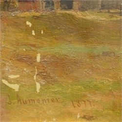 James Aumonier (British 1832-1911): Boats Moored on the Norfolk Broads, oil on canvas signed and dated 1877, i n antique gilt and gesso swept frame 20cm x 29cm