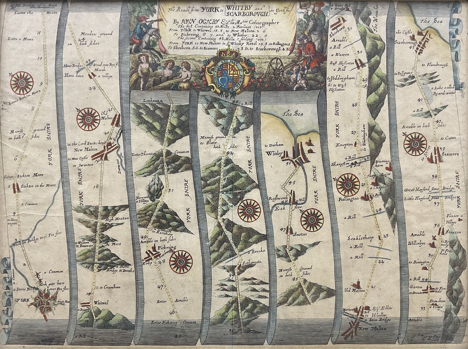 John Ogilby (British 1600-1676): 'The Roads from York to Whitby and Scarborough', engraved strip map with later hand colouring pub. 1675, 33cm x 45cm