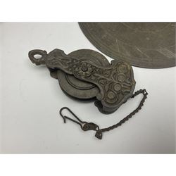 Two 19th century copper tankards, one with weighted wooden base, together with copper and wooden mechanical bellows, sundial and other metalware 