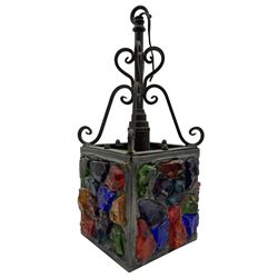 20th Century Peter Marsh Arts & Crafts wrought iron porch lantern, set with coloured panels, H36cm