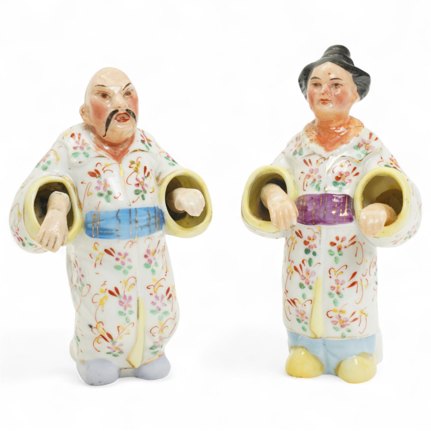 Pair of Ernst Bohne & Sohne Chinese standing figures with moving hands H11cm, blue anchor marks