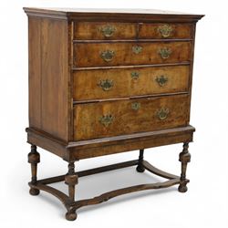 Early 18th-century burr walnut Queen Anne chest on stand, moulded rectangular top above tw...