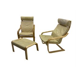 Ikea - pair of 'Poang' cantilever armchairs, upholstered in tan leather; complete with matching footstool (3)