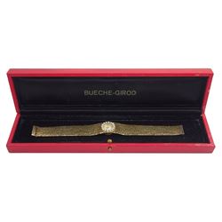 Bueche-Girod 9ct gold ladies manual wind bracelet wristwatch, with round brilliant cut diamond set bezel, London 1966, boxed