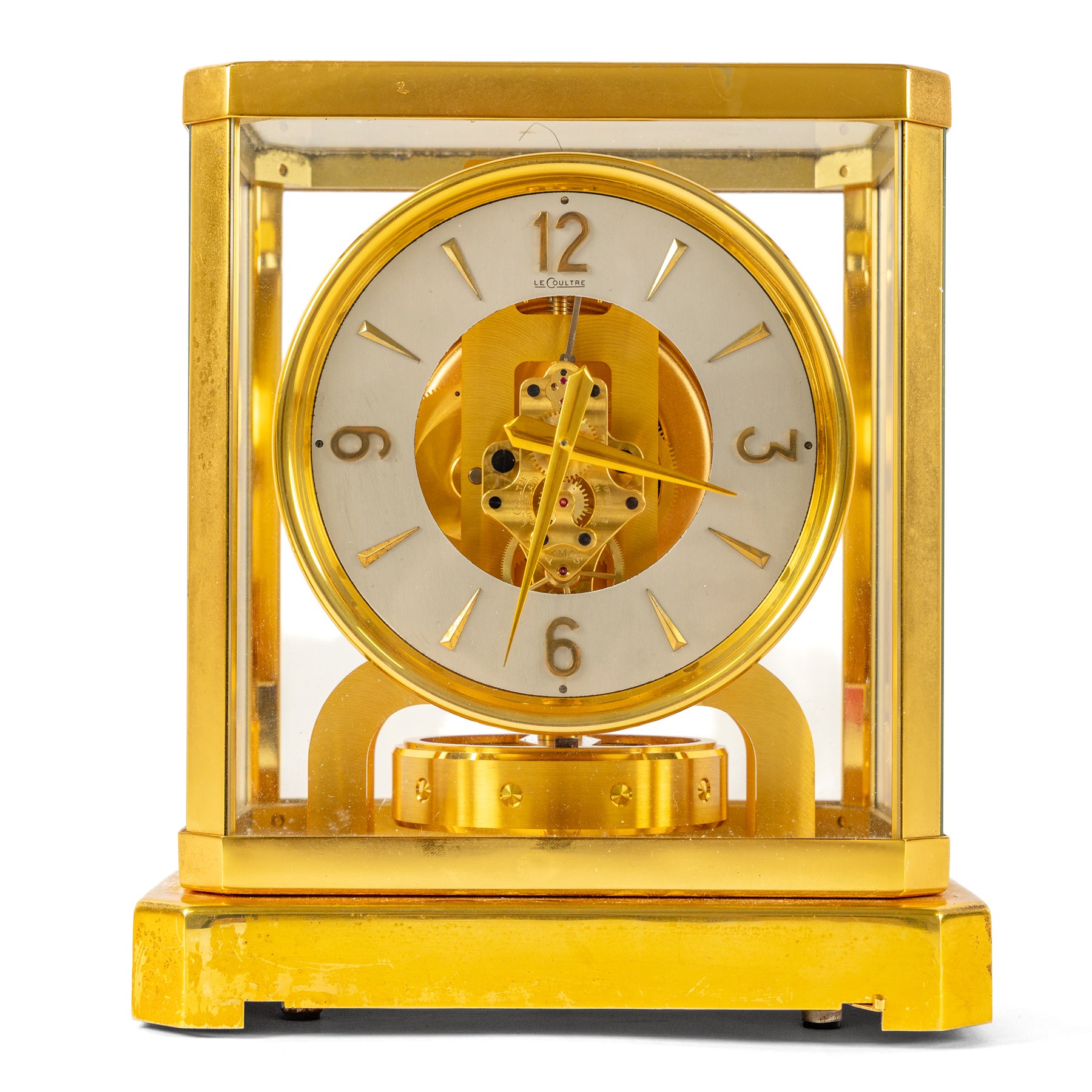 Jaeger-Le-Coultre, Atmos bracket clock, gilt brass case with glazed top and sides, silvered chapter ring with the numerals interspaced with batons, serial number 35125, H24cm