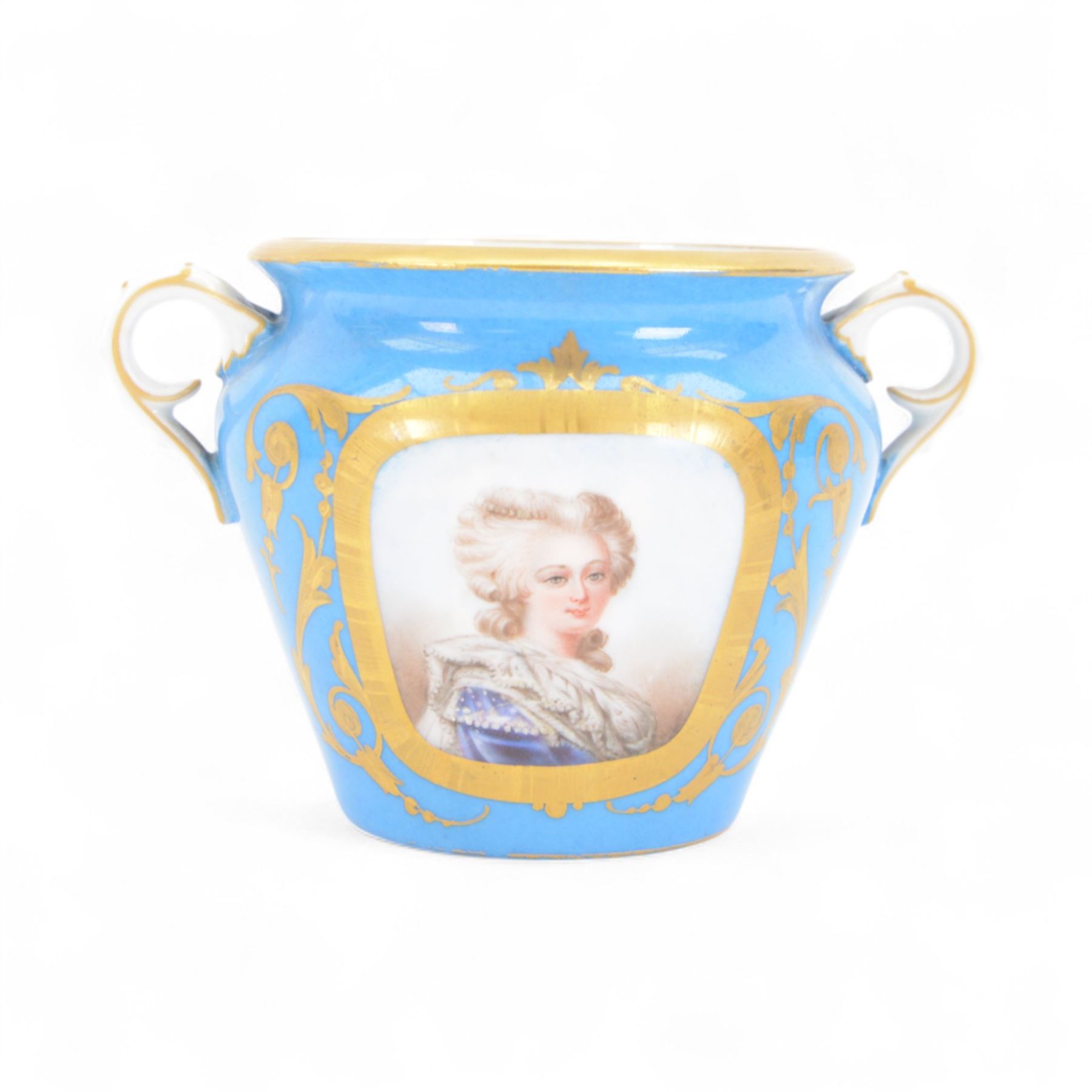 Sevres style part cabaret tea set, comprising teapot, twin handled sucrier, milk jug, and pair of tea cups, each with hand painted portrait reserves within gilt scrolling borders upon a bleu celeste ground, the teapot, sucrier and jug also detailed with hand painted floral sprays, each with spurious Sevres mark beneath, teapot H16.5cm